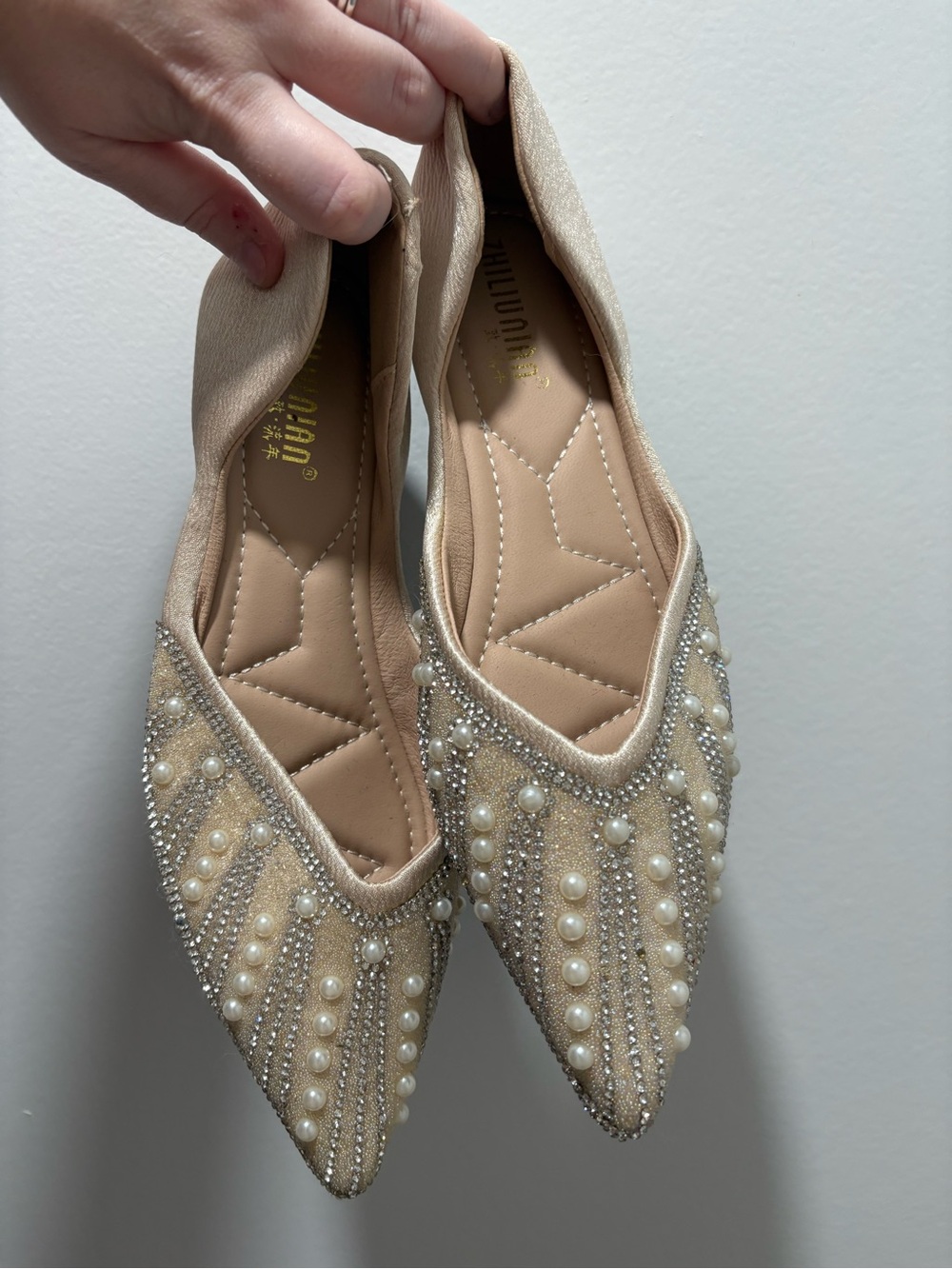 Embellished Pearl Pointed Toe Flats - Nude